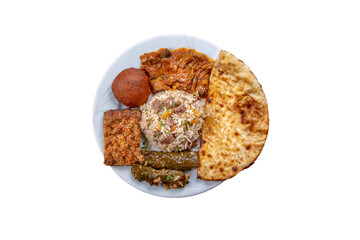 Lahmacun, icli kofte, kibbeh, pilaf with meat, bread and stuffed meat, traditional mardin cook plate. isolated white background