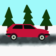 red hatchback car in the snowy scenery. vector graphic