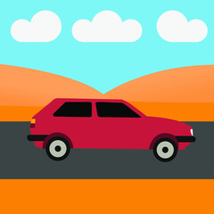 Fototapeta na wymiar red hatchback car in the desert scenery. vector graphic.