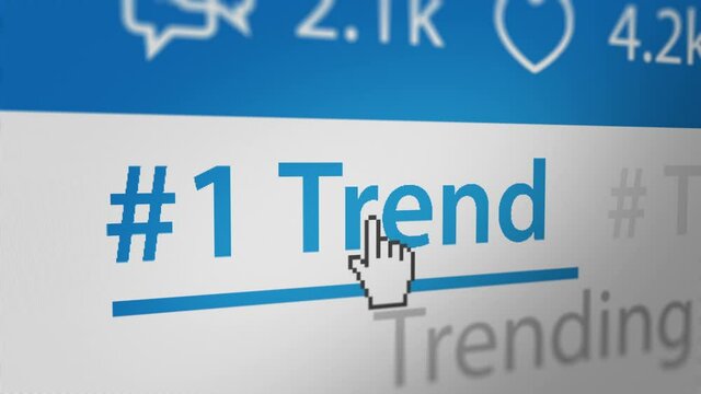 Mouse Cursor Clicking "#1 Trend"Text Link on Social Networking Websites. All data on the Footage are Fictional, Created Especially for This Concept
