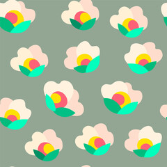 Bright floral vector pattern with decorative abstract flowers on the blue-green background in minimalistic style. For textiles, wallpapers, designer paper, etc