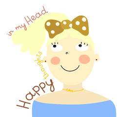 Cute funny dreaming  girl with text - Happy thoughts in my head. Vector minimalistic illustration of woman.