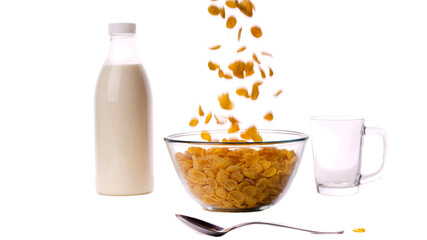 cereal in a bowl with a bottle of milk and a mug