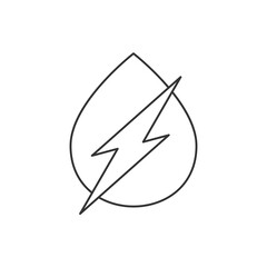 Hydro power symbol. Drop with electricity sign line icon. Water resources generating electric energy. Black outline on white background. Sustainable energy concept. Vector illustration, flat, clip art