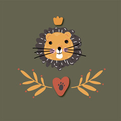 lion flat-styled for the design of postcards, children's printing and drawing on fabric, a poster and a greeting card