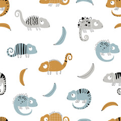 Vector hand-drawn colored childish seamless repeating simple flat pattern with chameleons and bananas in scandinavian style on a white background. Cute baby animals. Pattern for kids with chameleon. © ZHUKO