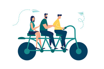 Vector illustration of people go team n the bike to his goal, to move up the motivation Path to the goal