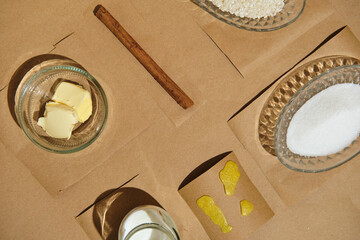 rice pudding ingredients on brown background
