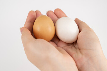 White and gray chicken eggs in a hand on a white background