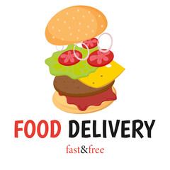 Food delivery. Online delivery service concept. Banner, card. Fast and free. Vector illustration  isolated on white background