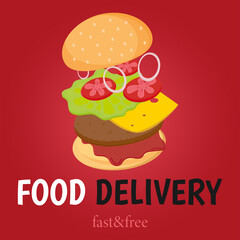 Food delivery. Online delivery service concept. Banner, card. Fast and free. Vector illustration 