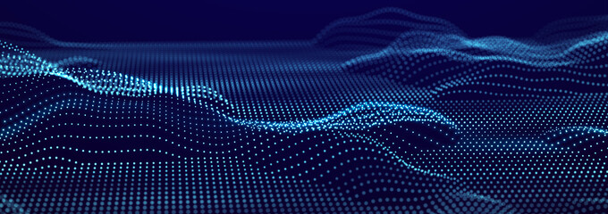 Naklejka premium Digital wave of glowing particles. Technology and science. Futuristic backdrop for design, presentation, wallpaper. 3D