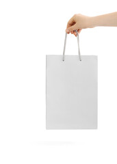 Light grey paper bag for shopping in hand. Isolated on white background.