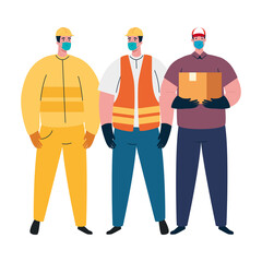 male constructers and delivery man with masks vector design