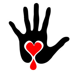 Black palm with a heart and a drop of blood. Stop the violence.