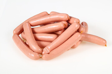 Tasty meat sausages over white background
