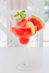 watermelon drink with ice, white background. Summer cocktail 