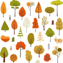 Set of stylistic trees. Trees forest simple plant silhouette icon. Hand drawn isolated illustrations