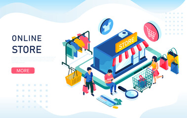 Fototapeta na wymiar Online store isometric concept. Buyers buy things in the online store. .You can use, for web landing page, mobile app, banner template. 
