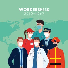 people workers with workermasks and world map vector design