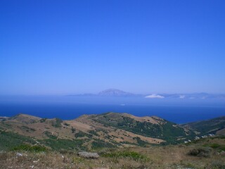 Fototapeta na wymiar Straight of Gibraltar on a sunny, clear day. Rif Mountains of Northern Africa, one of 