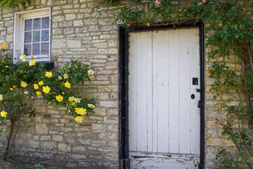 Old English Cottage House with Creeping Yellow and Pink Flowers 