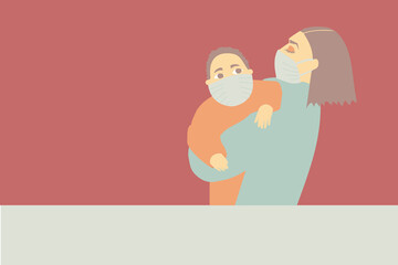Woman holding her child. Mother and baby wearing medical masks to be protected from virus