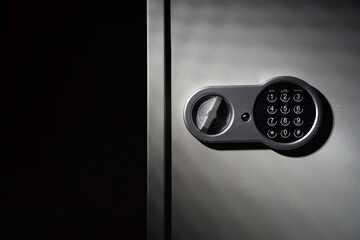 Strongbox steel safe with digital combination code lock on a dark background - obrazy, fototapety, plakaty