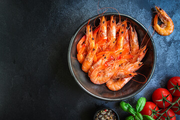 shrimp ready to eat boiled seafood Menu concept serving size. food background top view copy space for text keto or paleo pescatarian diet organic healthy eating