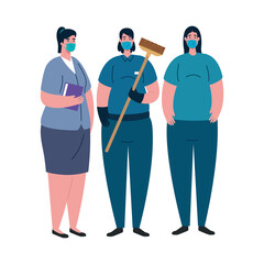 Female cleaner and women with masks vector design