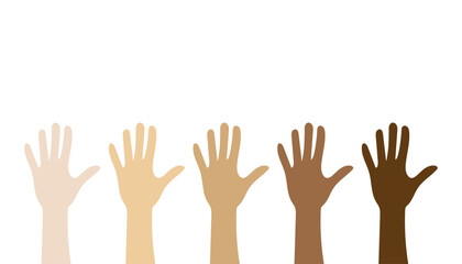 Stop racism. Human hands up in different skins colors. Black lives matter. Vector illustration.