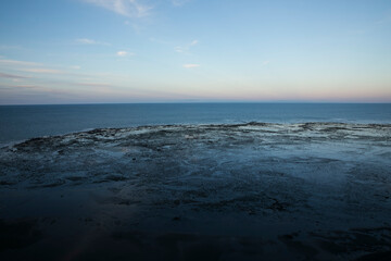 Seascape. Aerial Panorama view of the Atlantic ocean at sunset. Skyline. Beautiful sea water texture and color in the end of the world, Ushuaia, Tierra del Fuego, Patagonia Argentina