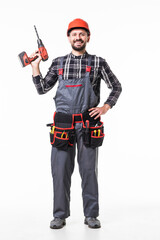 Handyman with drill isolated on white background