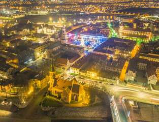 Panoramic aerial view of Kaunas old town in winter with a Cristmas fair