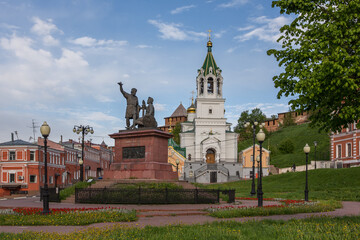 Nizhny Novgorod. Monument to Minin and Pozharsky in the daytime against a beautiful blue sky
