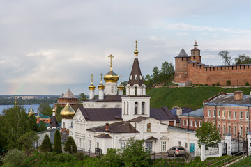 Nizhny Novgorod. Beautiful view of the Church of Elijah the Prophet and the Nizhny Novgorod Kremlin at sunset with a beautiful sky in the clouds