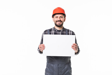 Young smiling worker man wiht white blank isolated on white background
