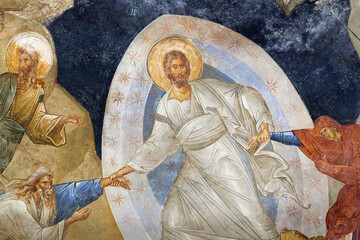 Anastasis fresco in the Church of the Holy Saviour in Chora, Kariye Camii in Istanbul, Turkey....