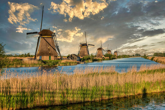 The windmills near the water in Kinderdijk, a UNESCO World Heritage site in Rotterdam, Netherlands
