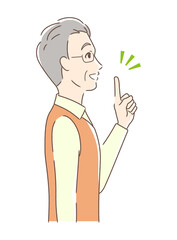 笑顔で指をさす男性の横顔