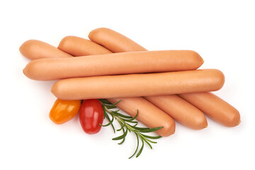 Boiled sausages with basil, isolated on white background