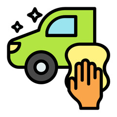 Vehicle with Hand holding microfiber towel vector Color Icon design, Manual Carwash & Detail Center equipment on white background, Car Body Paint Work Concept, Disinfect Germs Bacteria Free Lorry 