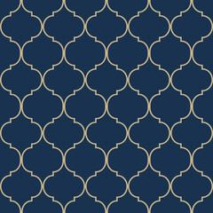 Fototapeta premium Seamless geometric vector pattern in oriental style. Abstract retro vector texture. Vintage Islamic wallpaper. Lattice graphic design. Vector modern tiles pattern in gold and dark blue.