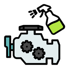 Motor Engine Cleaning DIY Concept, Spraying the Engine Bay Vector Color Icon Design, Engine detailing on white background,