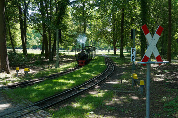 The steam train of the Dresden Park Railway. It is a minimum-gauge railway operating in the park...