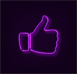 Neon Blue Thumb Up, on brick wall. Vector illustration.