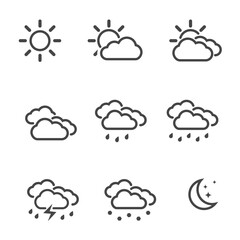 Weather icons set line or outline style simple flat symbols isolated on white background. Vector illustration