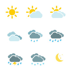 Weather icons set color simple flat symbols isolated on white background. Vector illustration