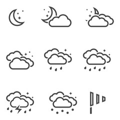 Weather at night icons set black outline simple symbols isolated on white background.