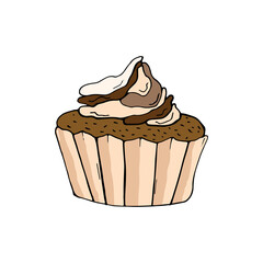 Chocolate cupcake with whipped cream  isolated on white background. Sweet dessert. Vector cartoon illustration.